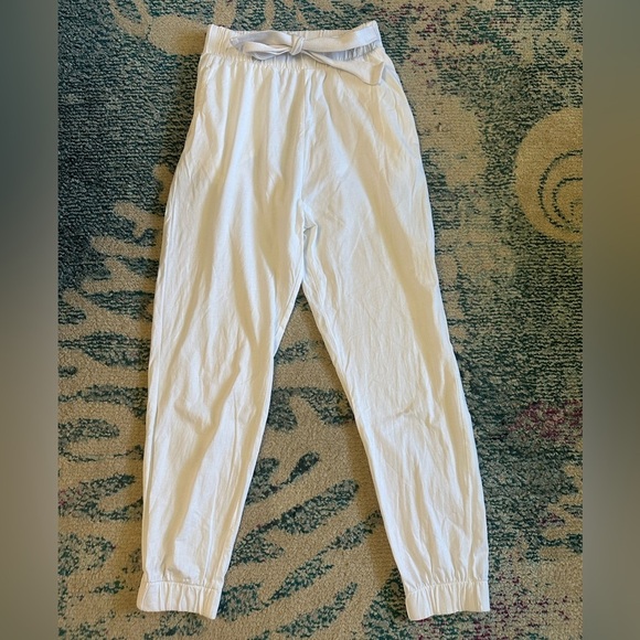 Zara High Waisted White Cotton Cropped Tie Top Joggers - Picture 2 of 6